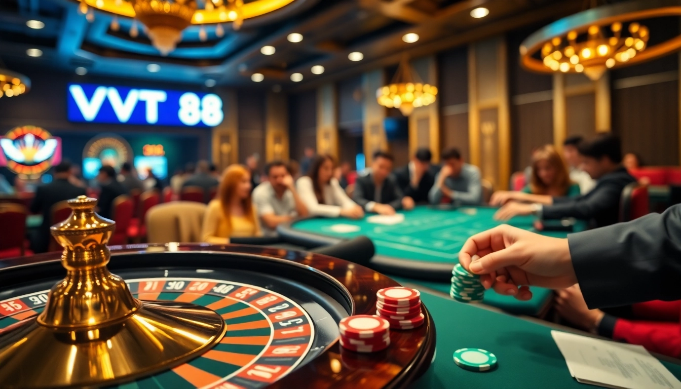 Players engaging in thrilling VT 88 casino games at luxurious poker tables.