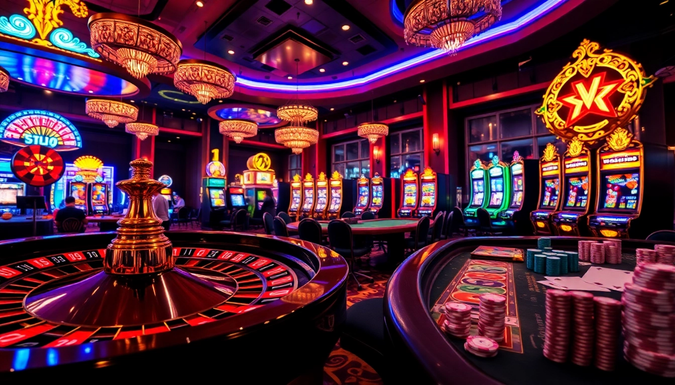 Experience the excitement of rikvip casino with vibrant gaming elements, including roulette, poker, and slot machines.