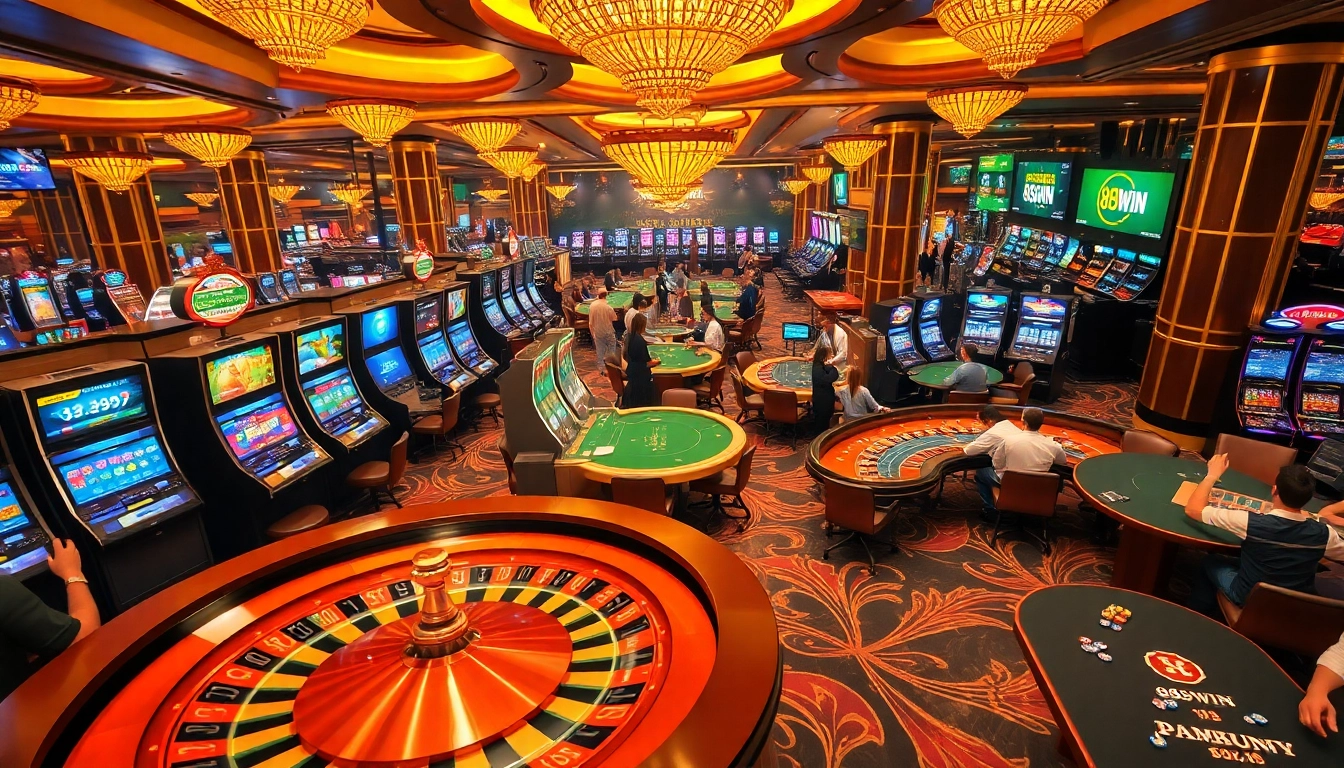 Engaging gamblers at the vibrant 98win casino with slot machines, roulette, and poker tables.