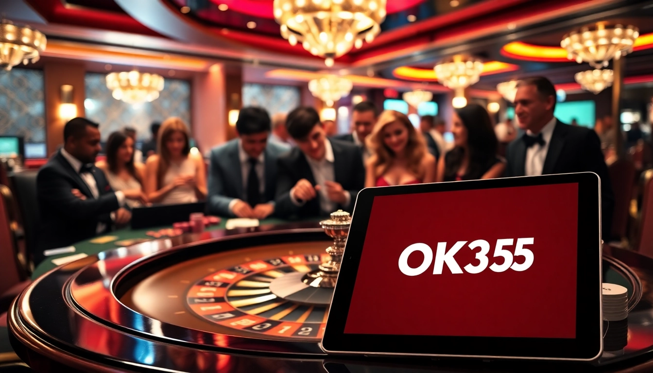Excited players enjoying a game at a stylish casino with the OK365 COM logo prominently displayed.