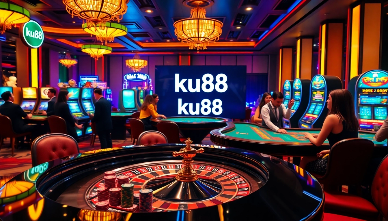 Players enjoy thrilling casino action at ku88 with vibrant roulette and slot machines.