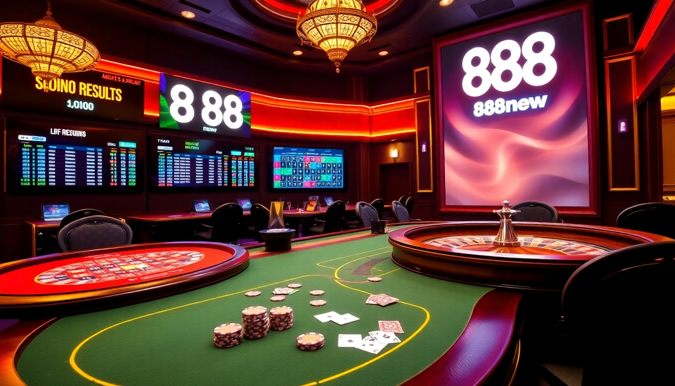 Exciting casino scene featuring 888new's online gambling interface with vibrant tables and live betting.