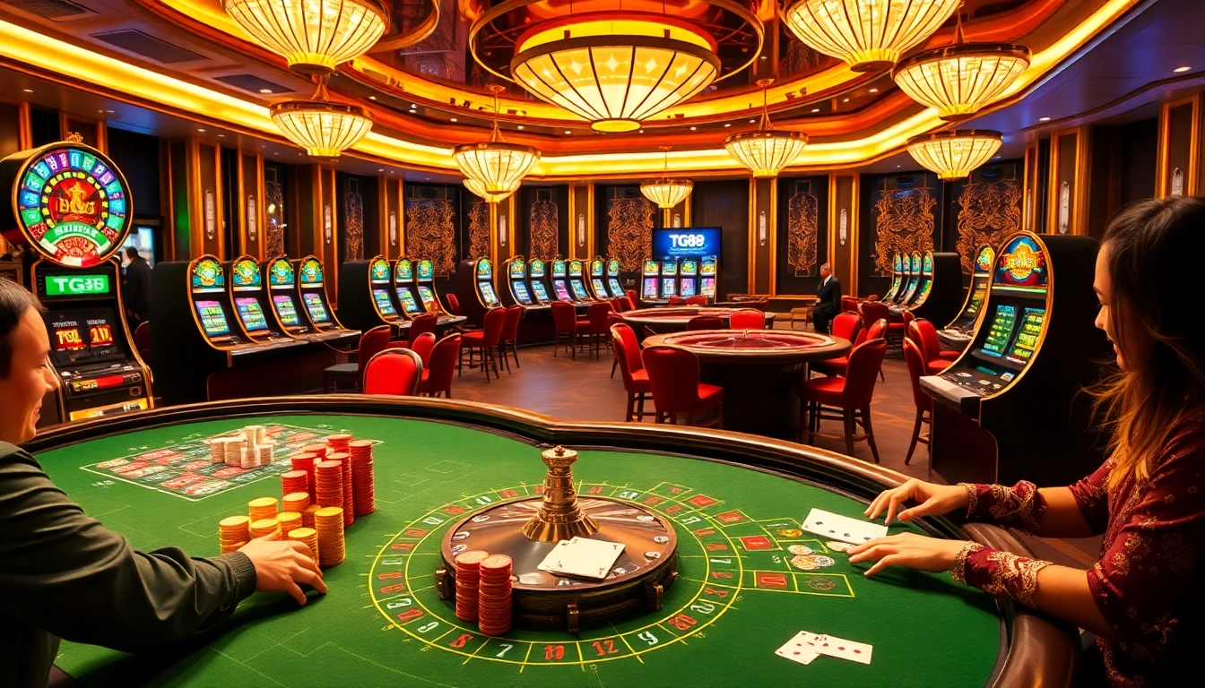Tg88 casino players engaging in high-stakes blackjack and roulette games in a luxurious gaming environment.