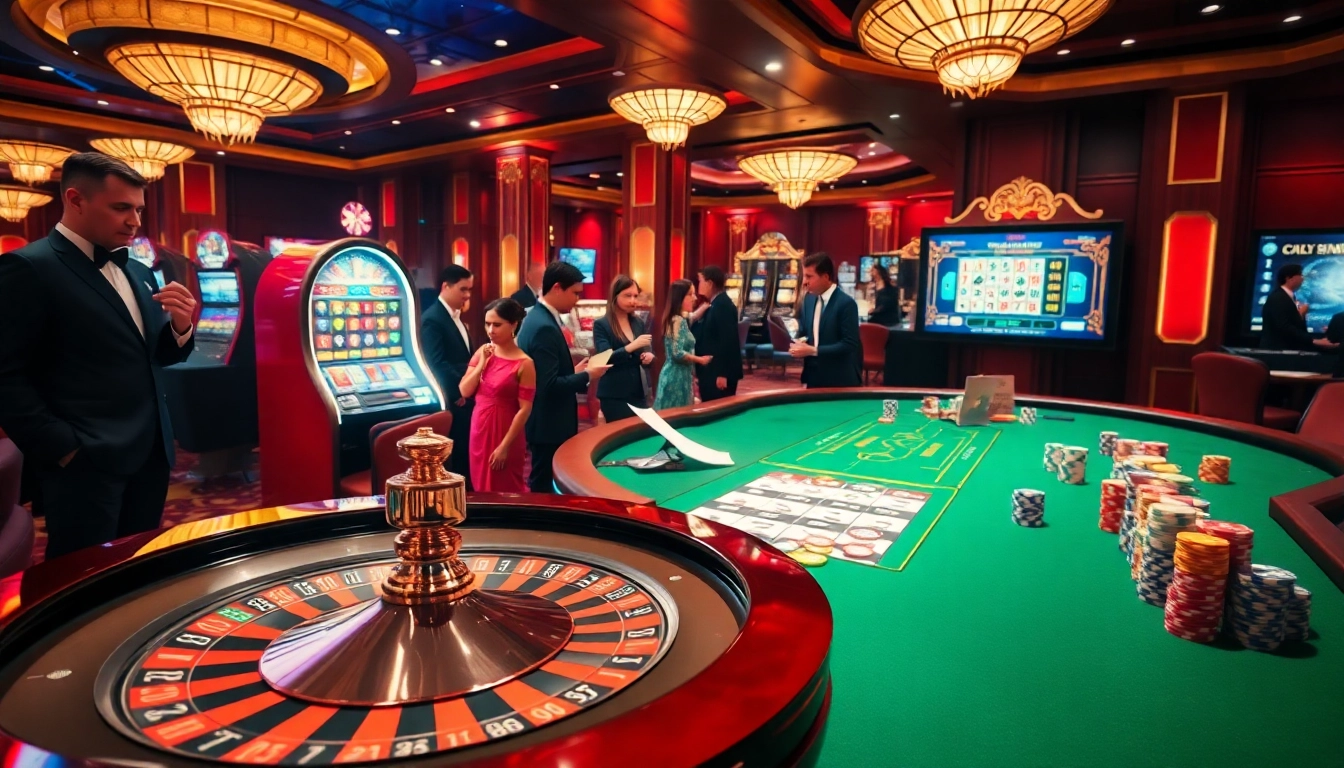 Gambling excitement at https://tr88.baby/ with a roulette wheel, poker chips, and players in a luxurious casino.