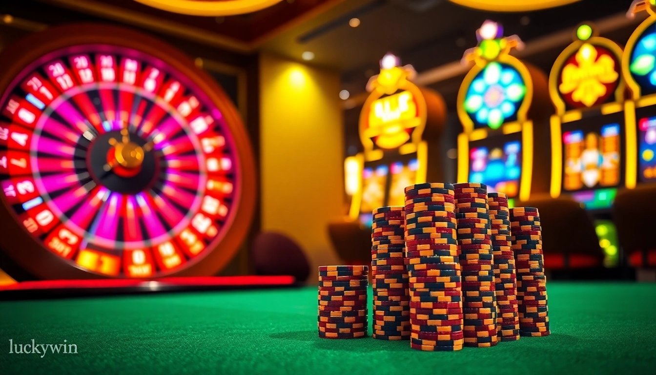Exciting casino atmosphere with luckywin-themed slot machines and roulette wheel.