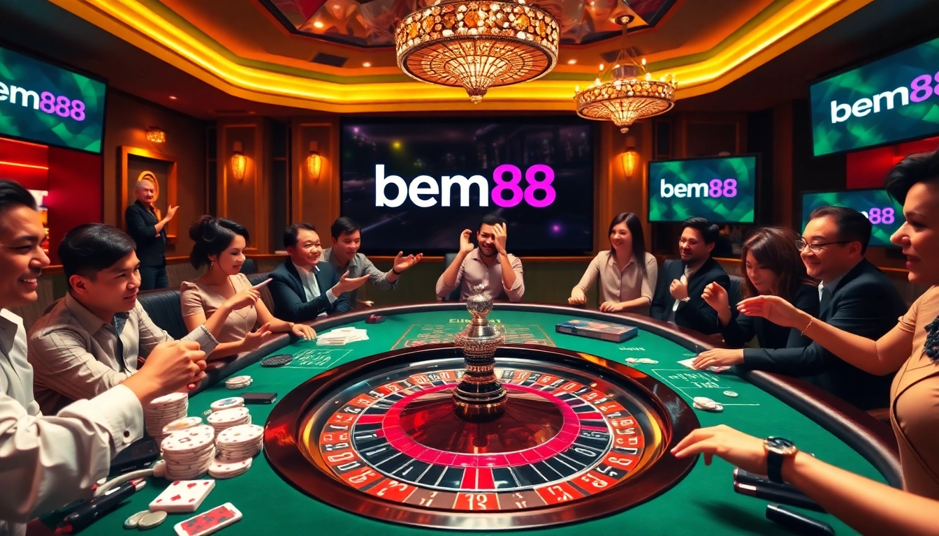 Players engaging in high-stakes poker at a bem88 themed casino table, showcasing excitement and strategy.