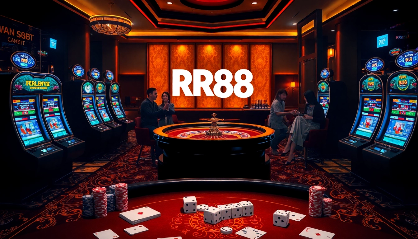 Players enjoy the excitement of RR88 casino, featuring vibrant slot machines and a roulette table.