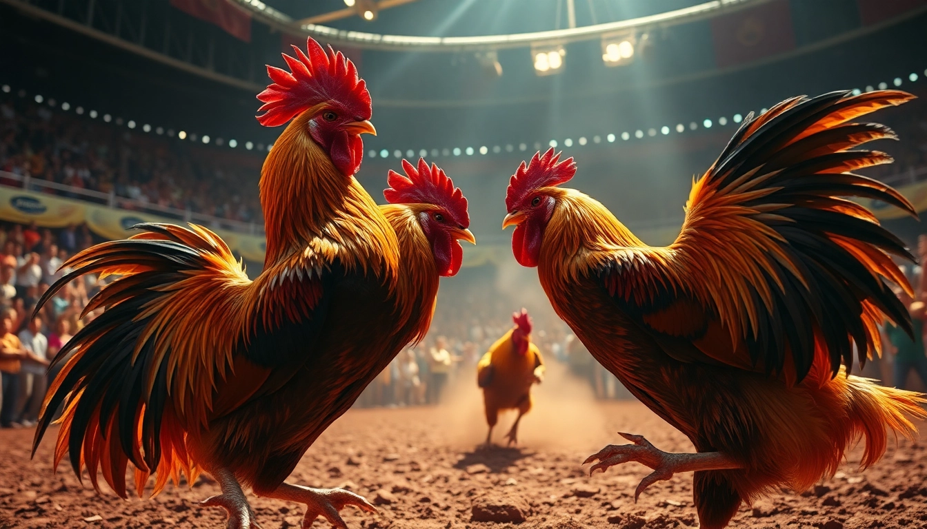 Dramatic rooster fight scene showcasing live event excitement at dagawin.live.
