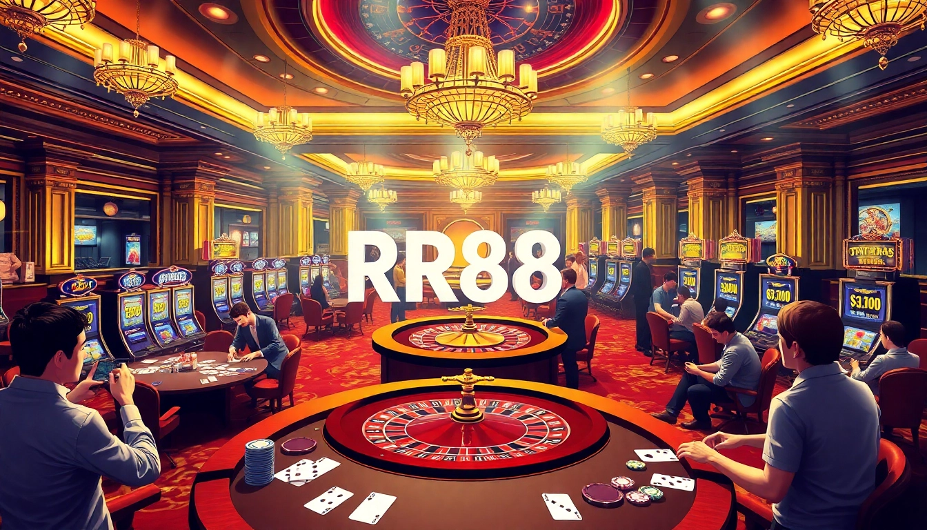 Players experience the thrill of RR88 at a luxurious casino with roulette and slots.