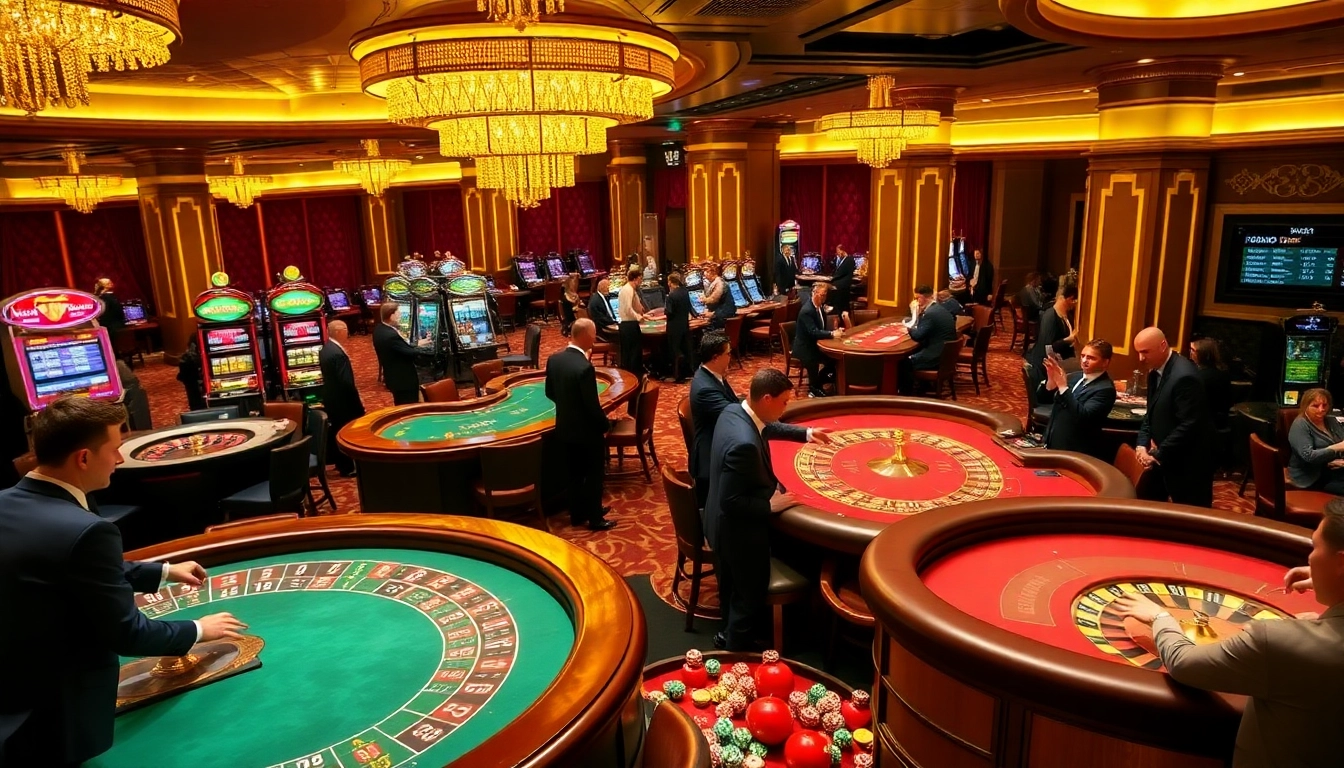 Thrilling gaming action at a casino floor featuring https://okking.group/ luxury tables and vibrant slot machines.