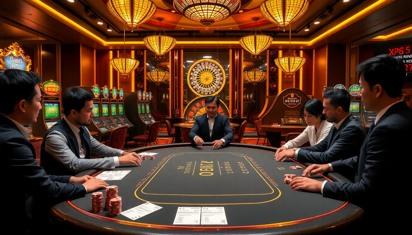 KBBET players strategizing at a luxurious casino poker table with colorful chips and betting slips.