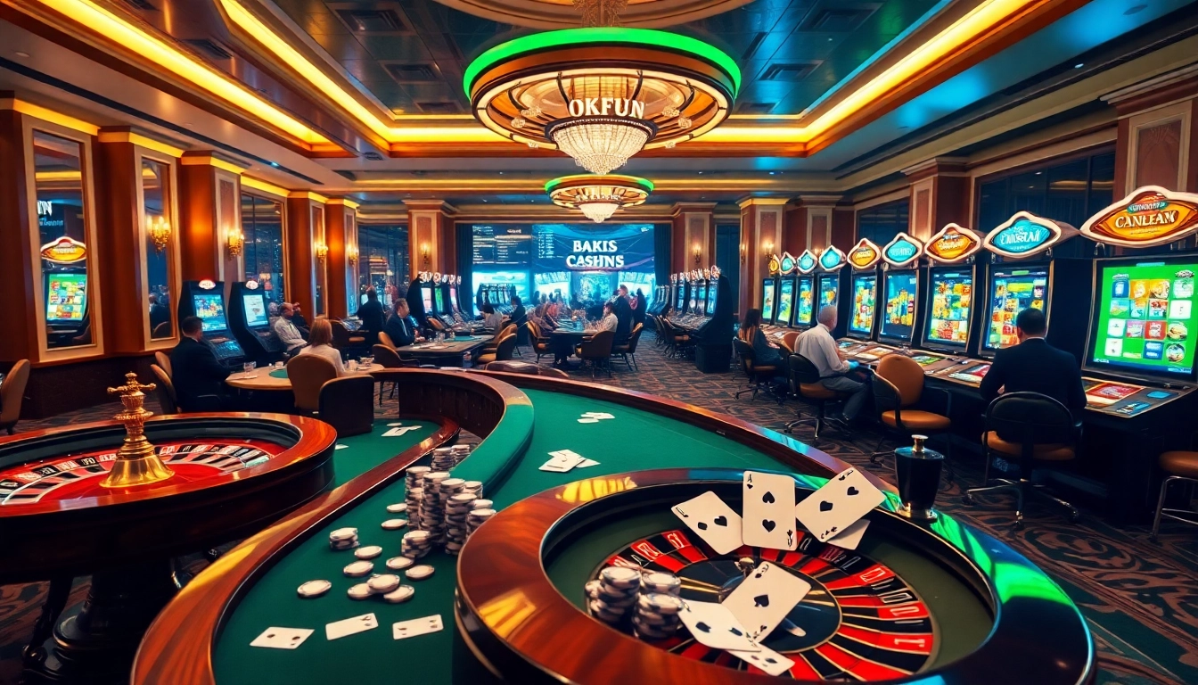 Engaging view of online gambling at nhà cái OKFUN with casino tables and vibrant slot machines.