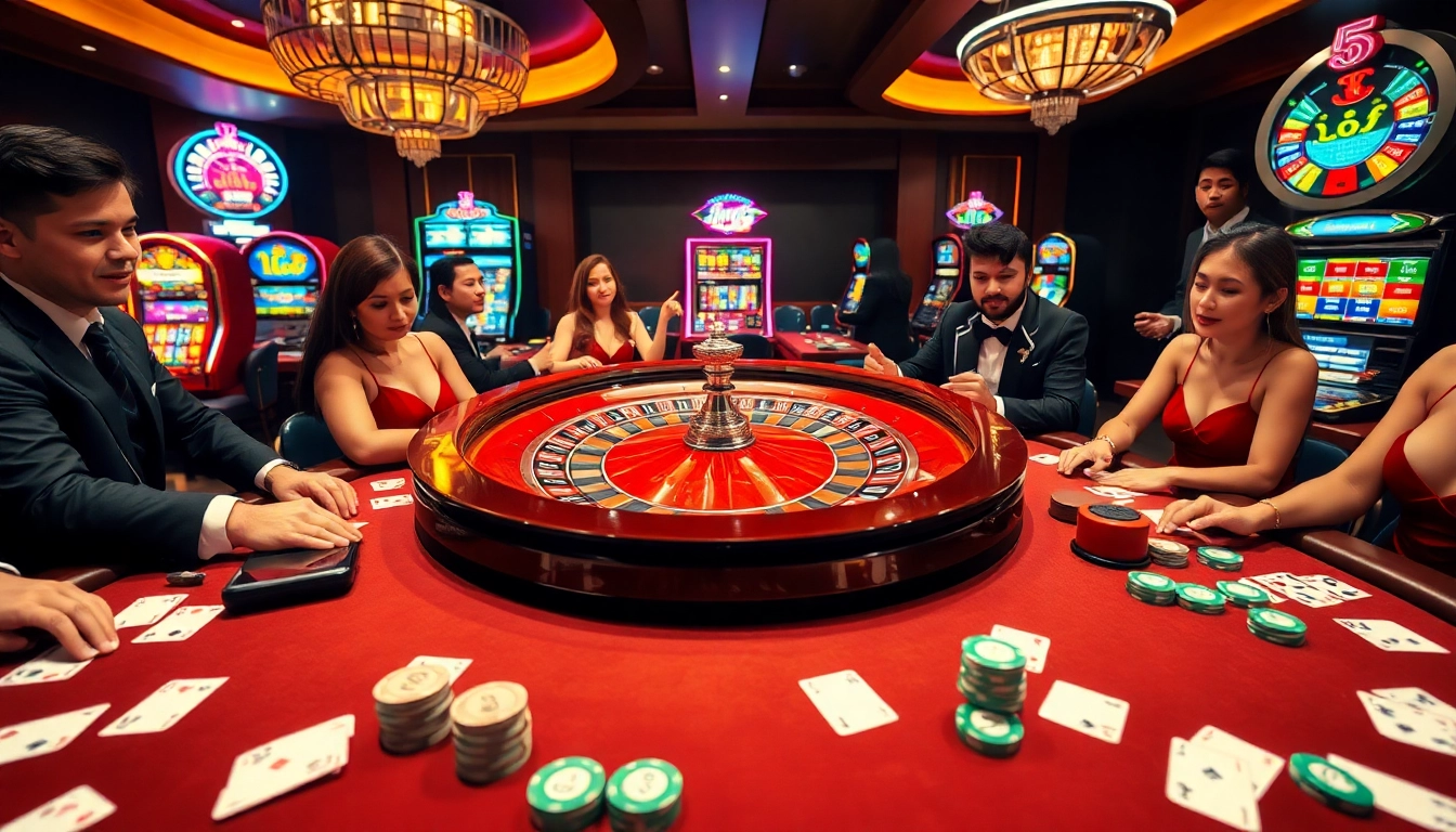 Experience the excitement of gambling with https://fly88fly.com/ as players engage around a roulette wheel.