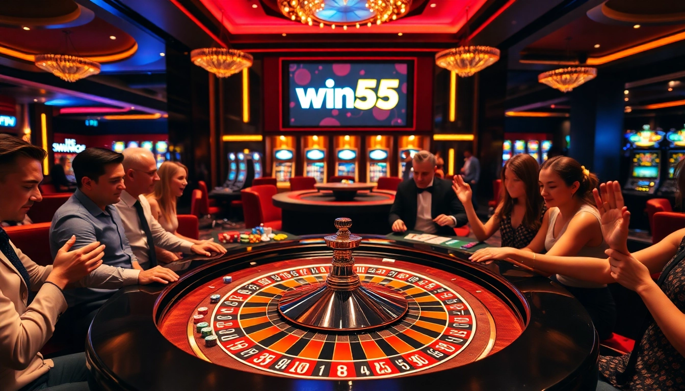 Experience thrilling gameplay at win55 with a vibrant casino atmosphere showcasing roulette and poker.