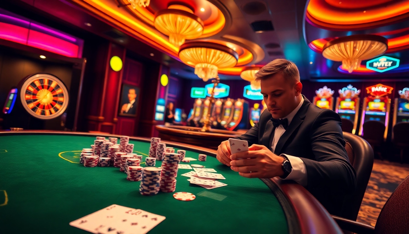 B52-themed poker table setup showcasing vibrant chips and cards in an elegant casino.