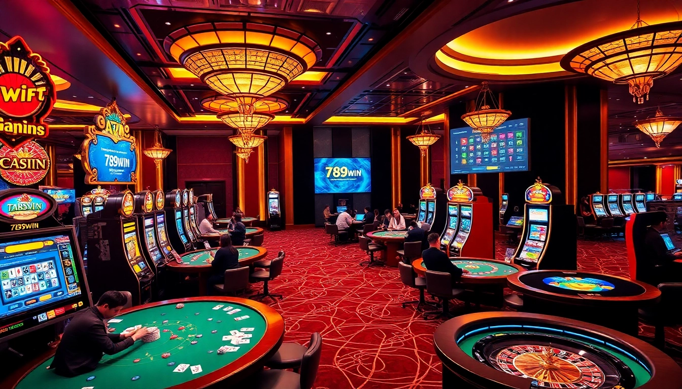 Exciting scene at 789win casino with players enjoying poker and roulette under luxurious lighting.