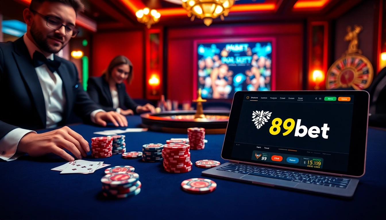Excited gamblers placing bets at a poker table with 89bet branding in an upscale casino.