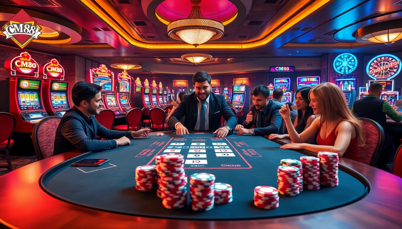 Experience the thrill of casino gaming with CM88 at an exciting poker table surrounded by lively atmosphere.