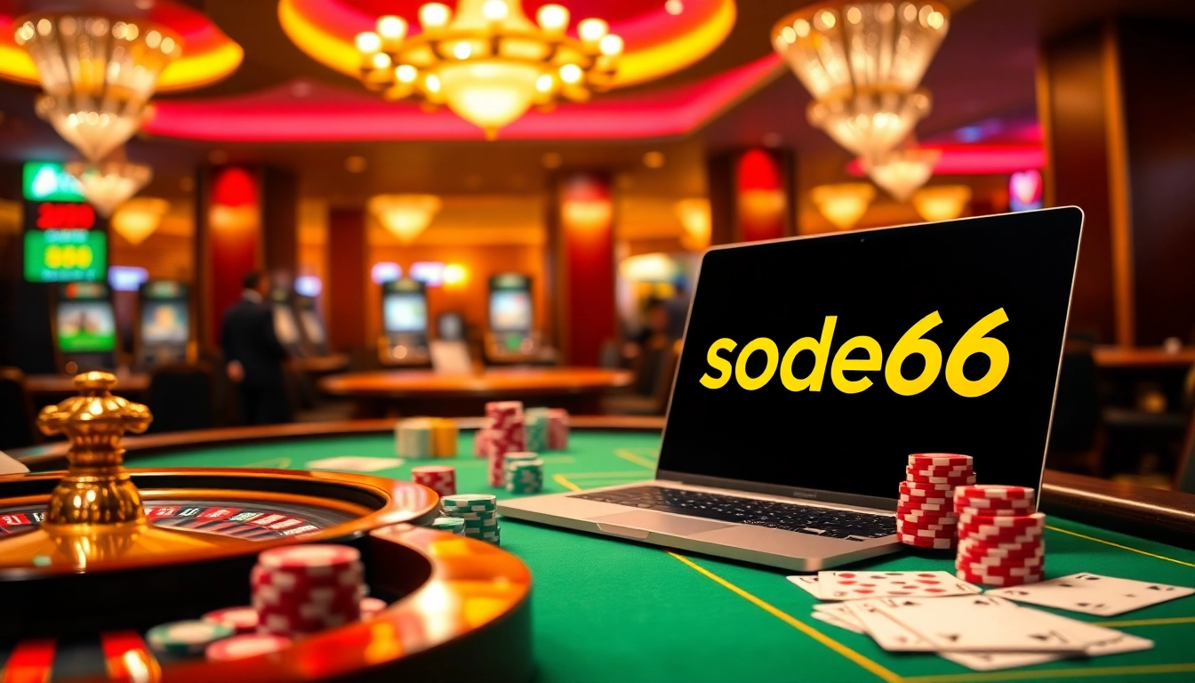 Sodo66's vibrant gaming atmosphere showcases roulette and poker elements for online gamblers.