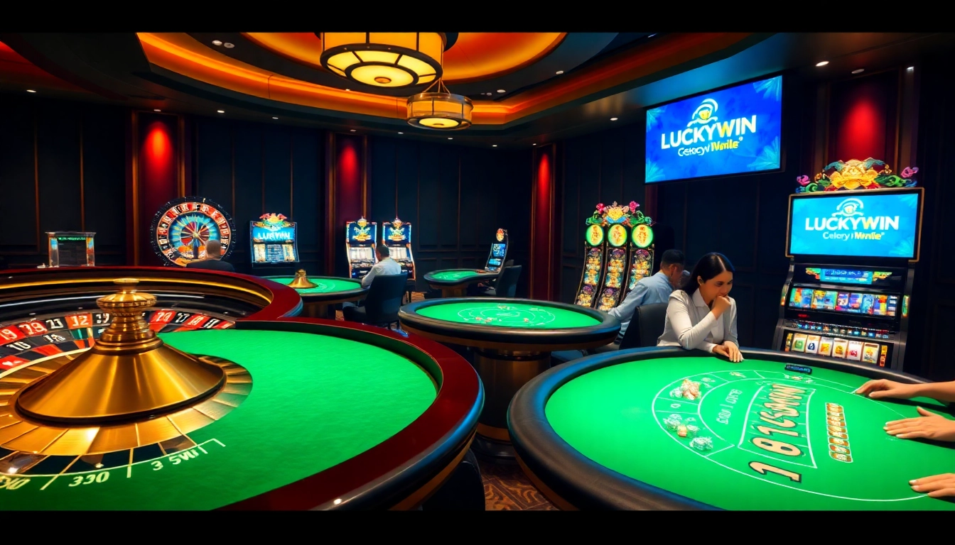 LUCKYWIN casino players enjoying an exciting game at luxurious tables with vibrant slot machines.