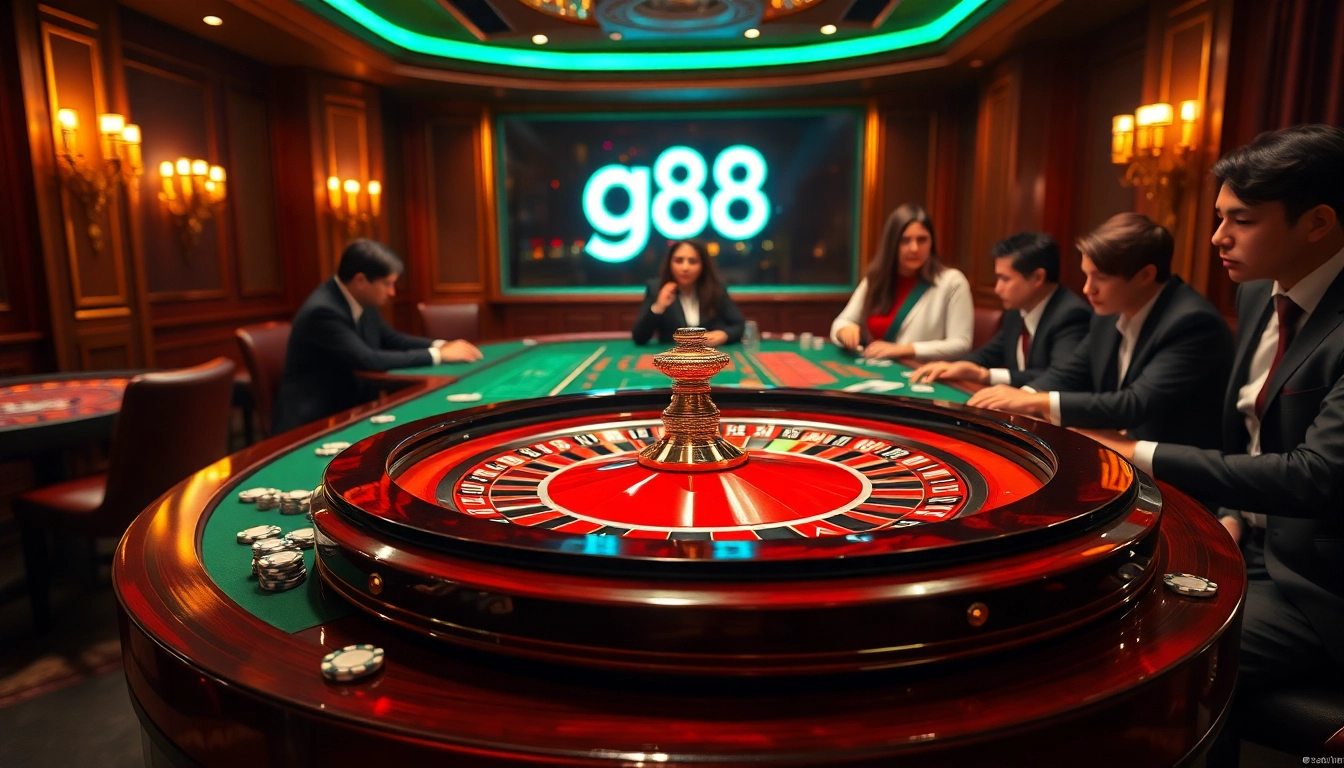 A captivating casino scene showcasing players engaging with g88-themed roulette, rich colors, and chips.