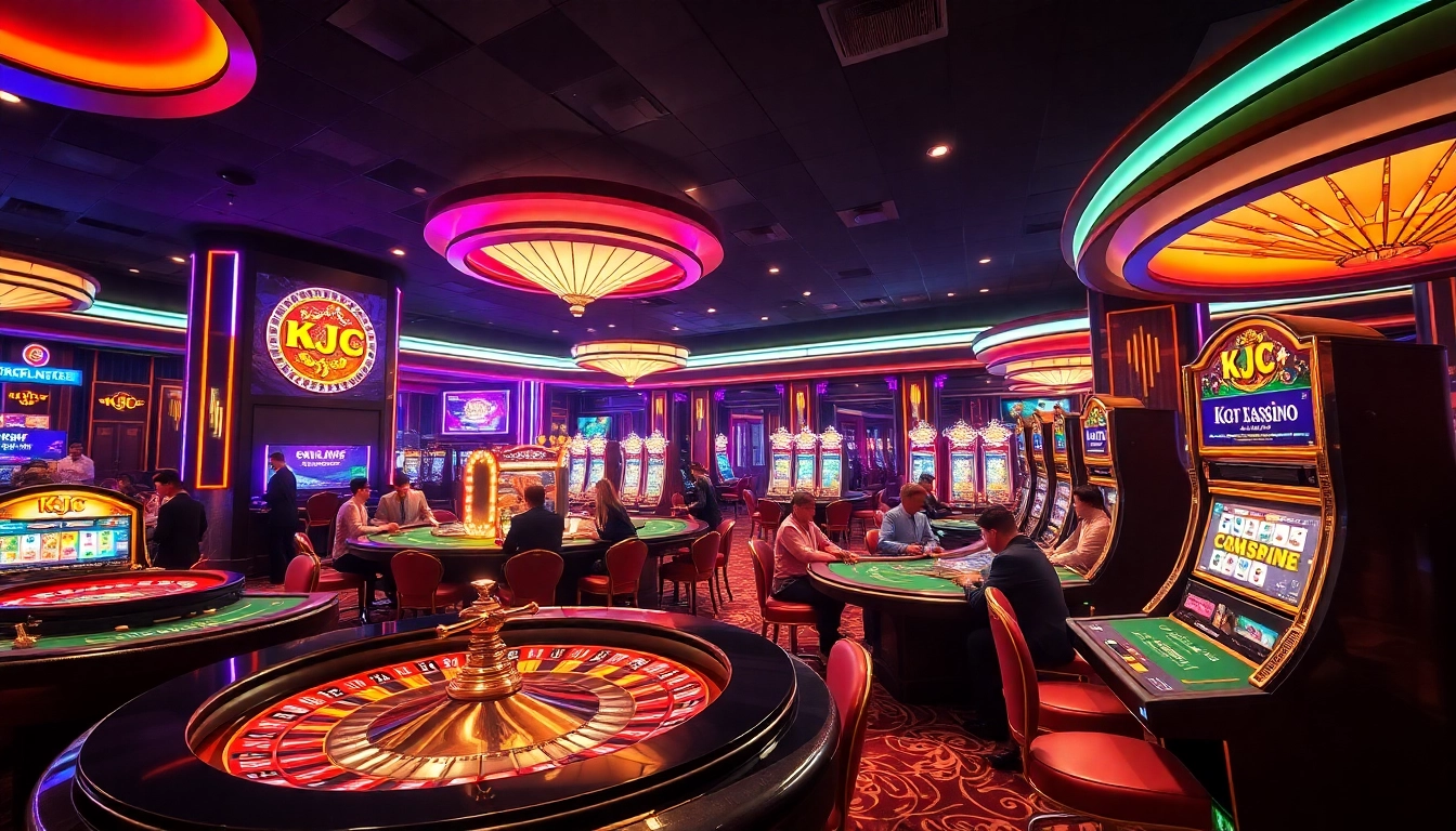 Experience the thrill of KJC gaming with vibrant tables and luxurious casino decor.