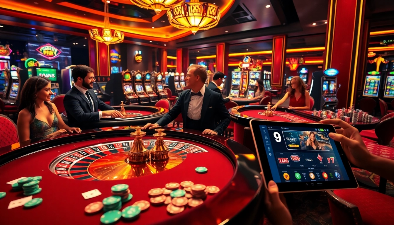 9bet's exciting gaming atmosphere featuring roulette, poker chips, and online casino elements.