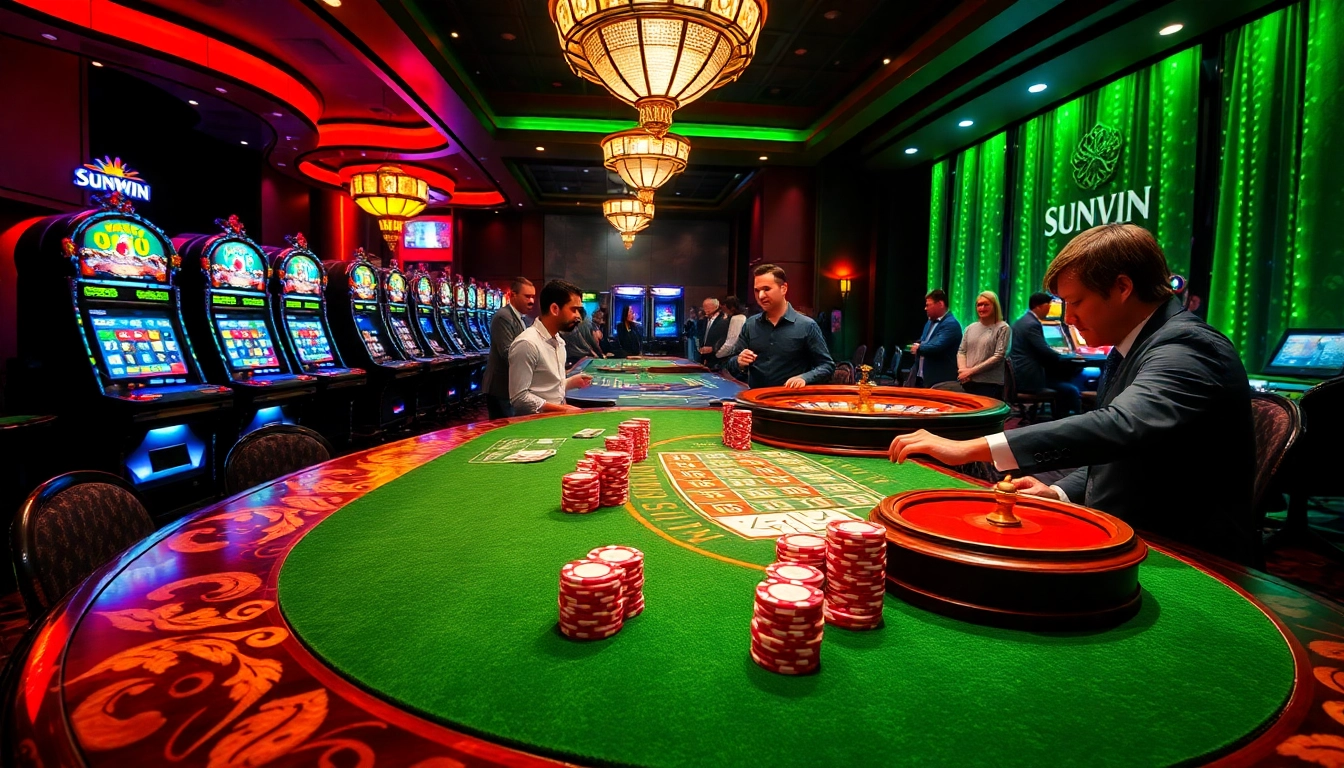 SUNWIN players engaging in a thrilling casino experience with vibrant slot machines and poker tables.