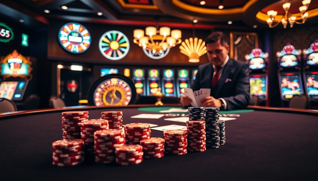 Experience the excitement of gambling at OK365 with a vibrant casino scene featuring poker, roulette, and slots.