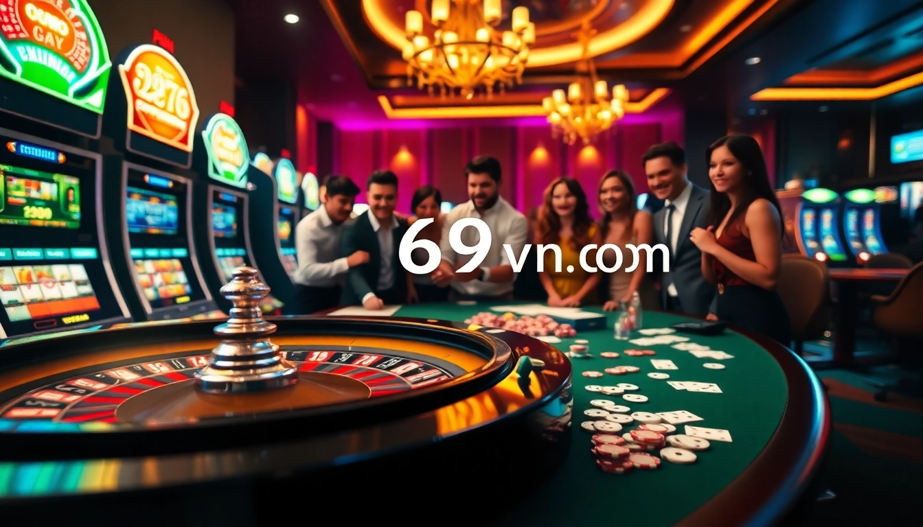 Exciting casino scene at 69vn com with roulette and slot machines.