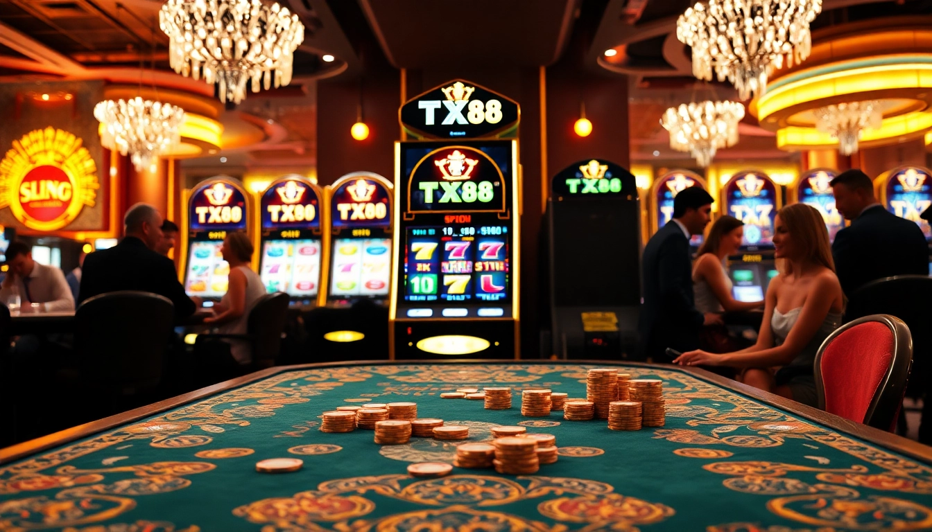 Players celebrate at the TX88 themed casino, surrounded by vibrant slot machines and luxurious decor.
