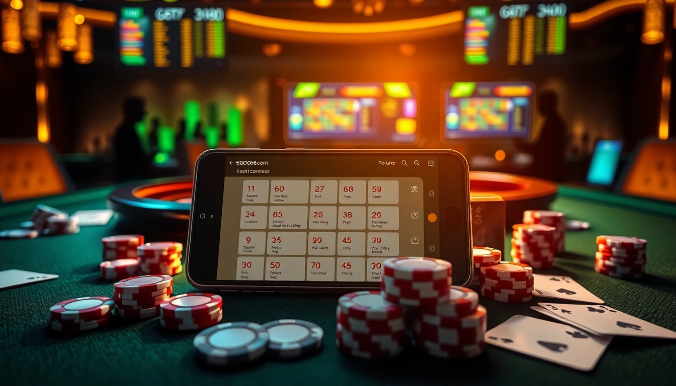 SODO66.com app showing an exciting online gambling experience with cards, poker chips, and a luxurious casino background.