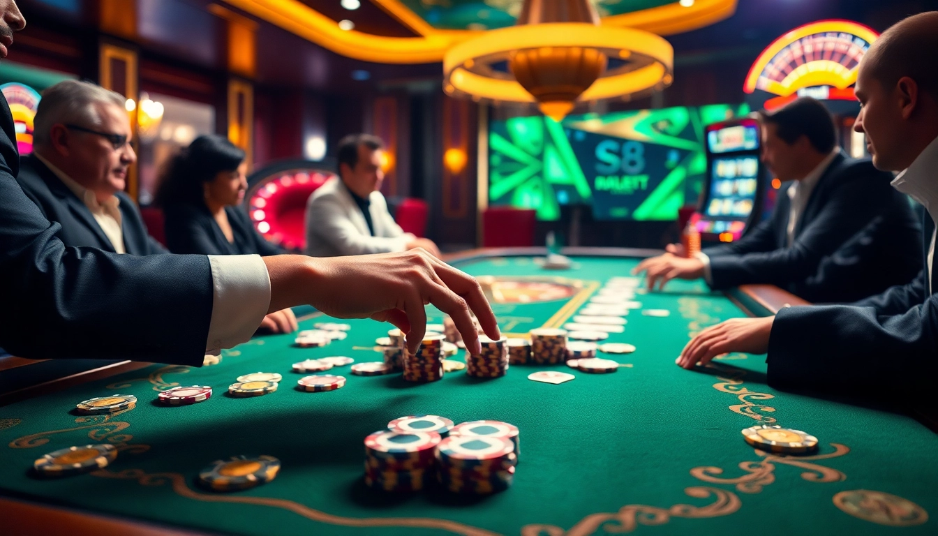 Intense poker action at S8 casino table with players and vibrant chips and cards.