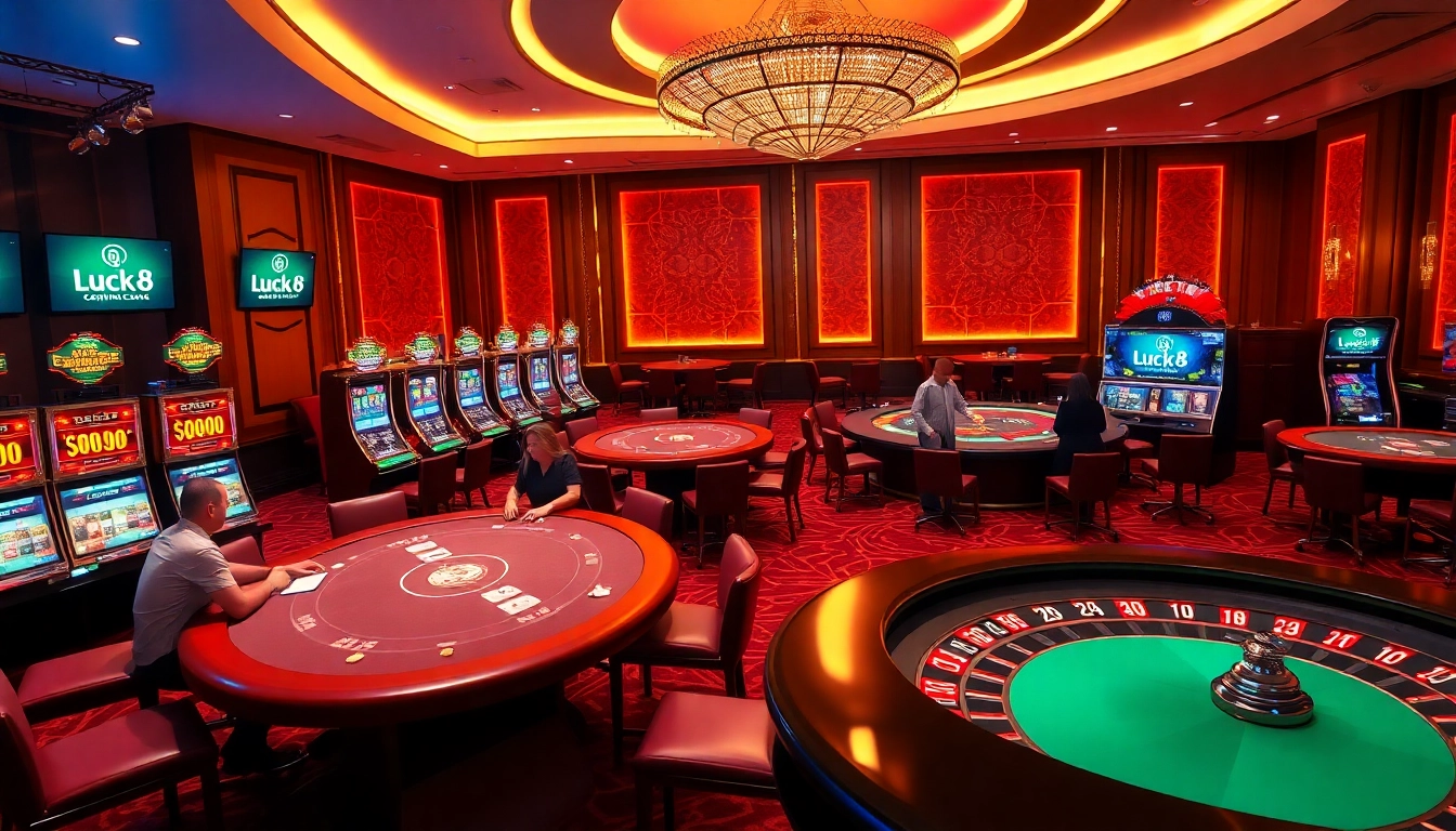 Luck8 casino scene with vibrant slot machines and engaging poker players.