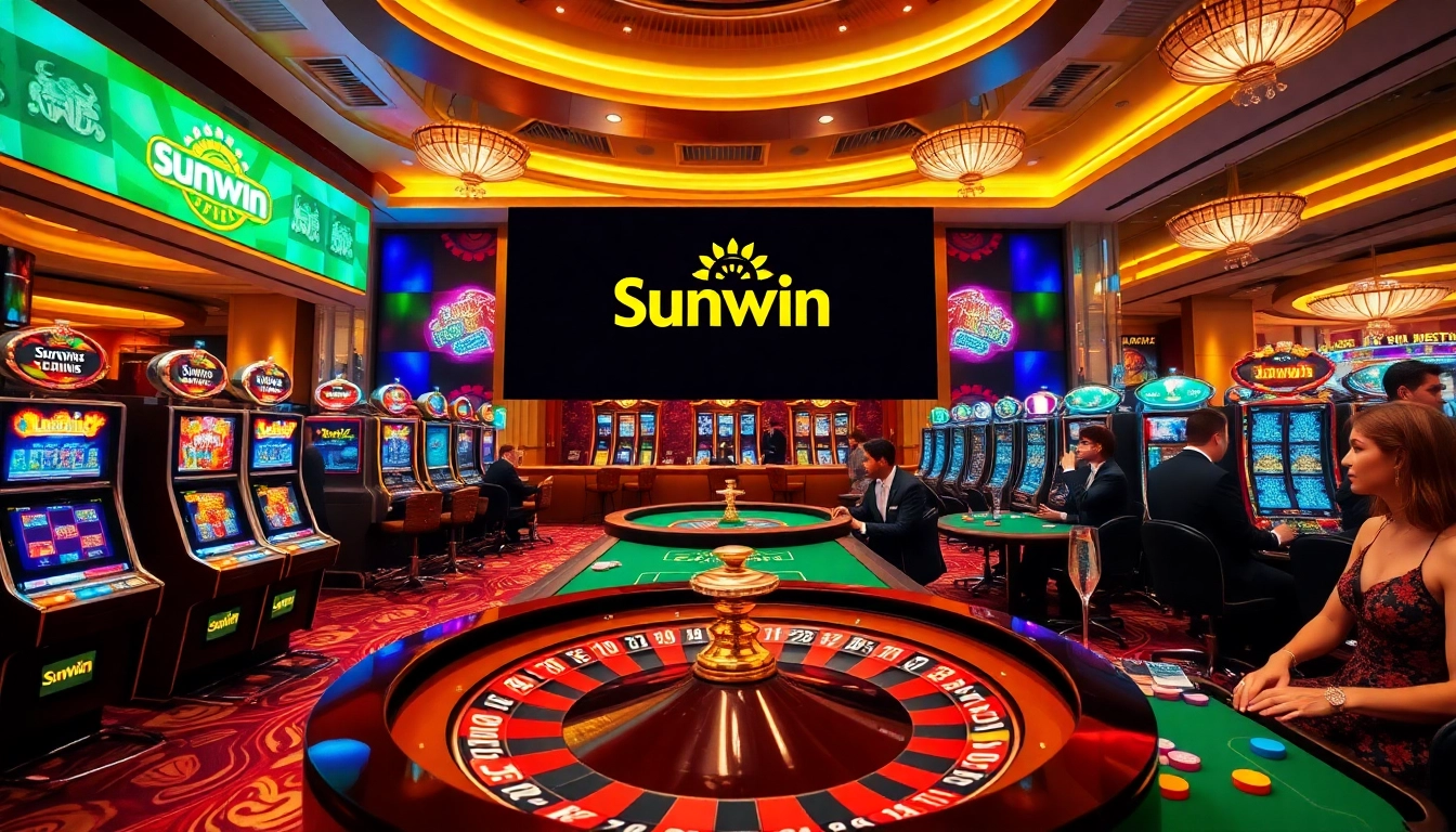 Experience premier gambling action at Sunwin casino with a vibrant roulette wheel and poker table.