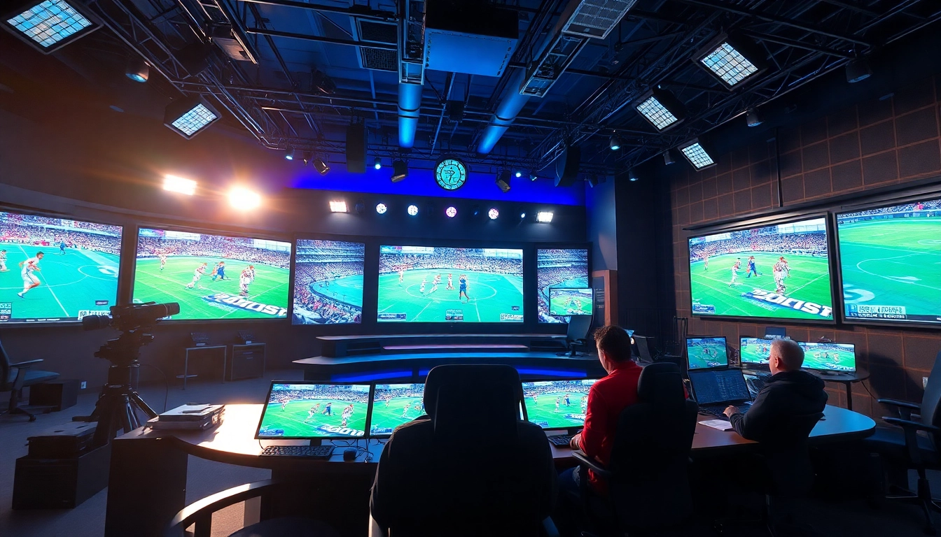 Sports Broadcasting studio showcasing live sports events on multiple screens.