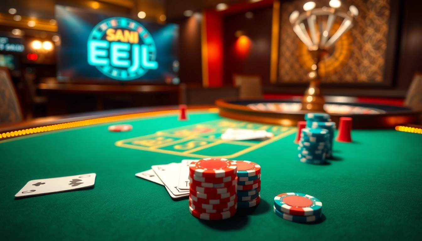 EEJL online poker table with vibrant chips and cards, evoking excitement in gambling.