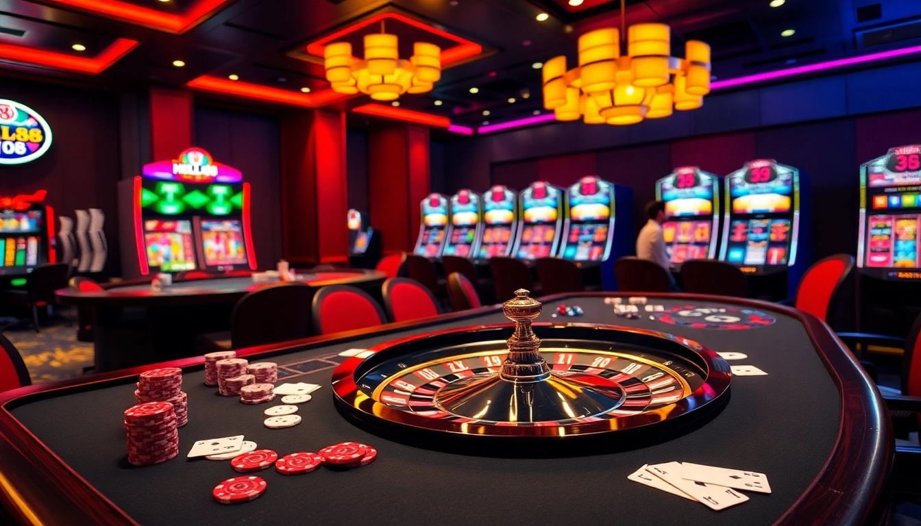 Experience the excitement of hello88 at a luxurious casino table with vibrant poker chips and warm lighting.