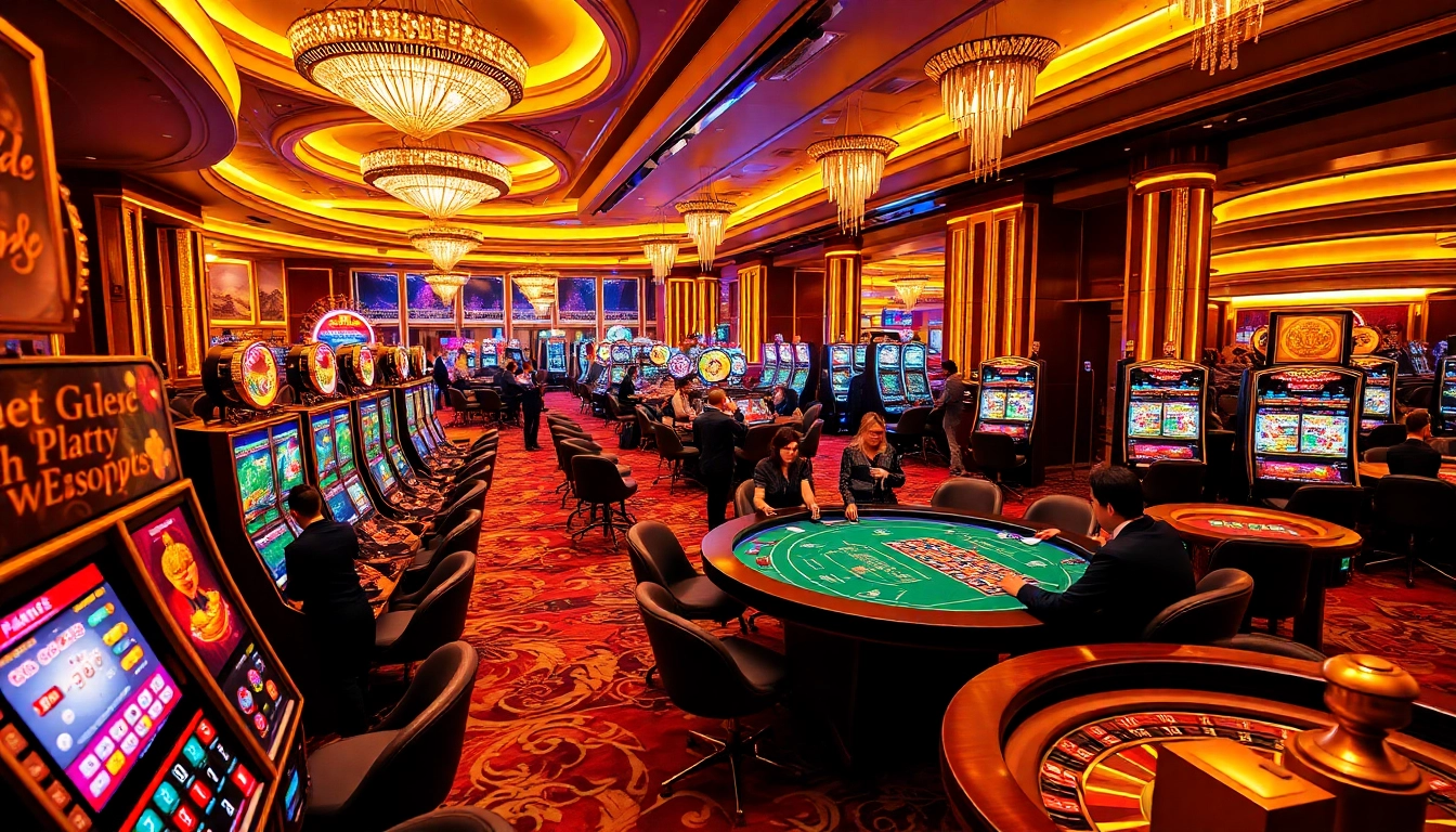 Players enjoy casino thrills at https:/nk88.us.com/, celebrating wins at slot machines and roulette tables.