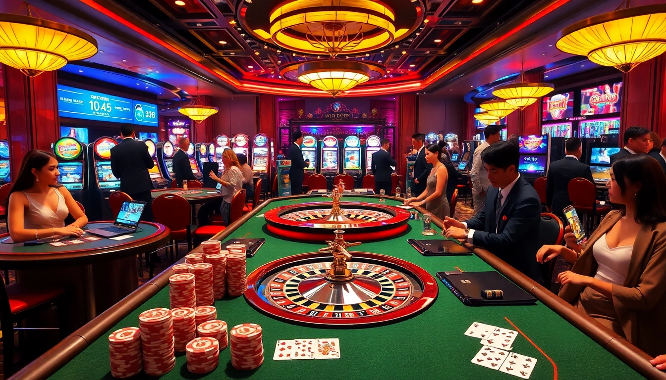 Experience thrilling casino action at https://vaobet.jp.net/ with vibrant tables, poker chips, and a roulette wheel.