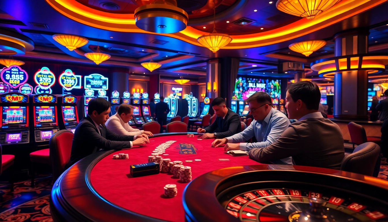 Experience the excitement of gambling at BL555 việt nam with poker players and vibrant casino decor.