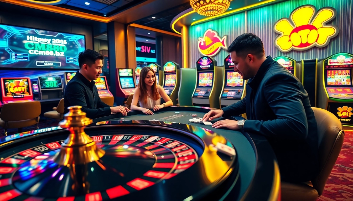 Engaging gamblers play games at an online casino featuring https://cm88.bz/. The scene captures excitement with roulette and poker.