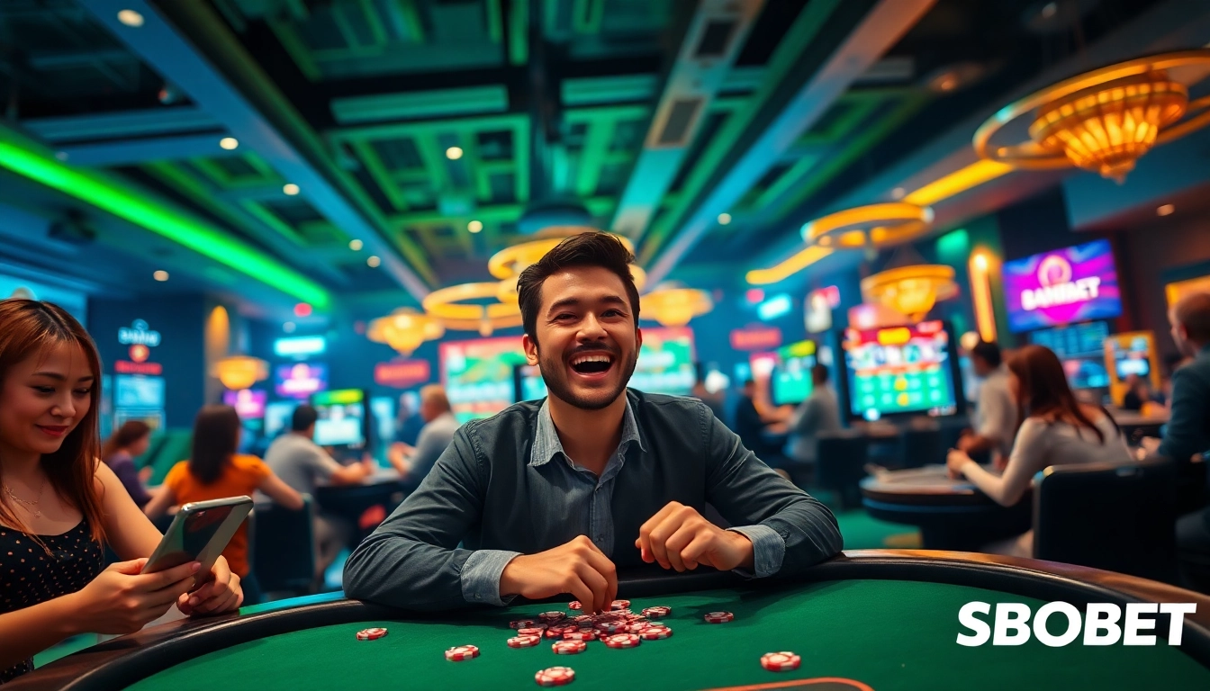 Exciting online gambling experience at sbobet.dance with players engaged in Poker and sports betting.