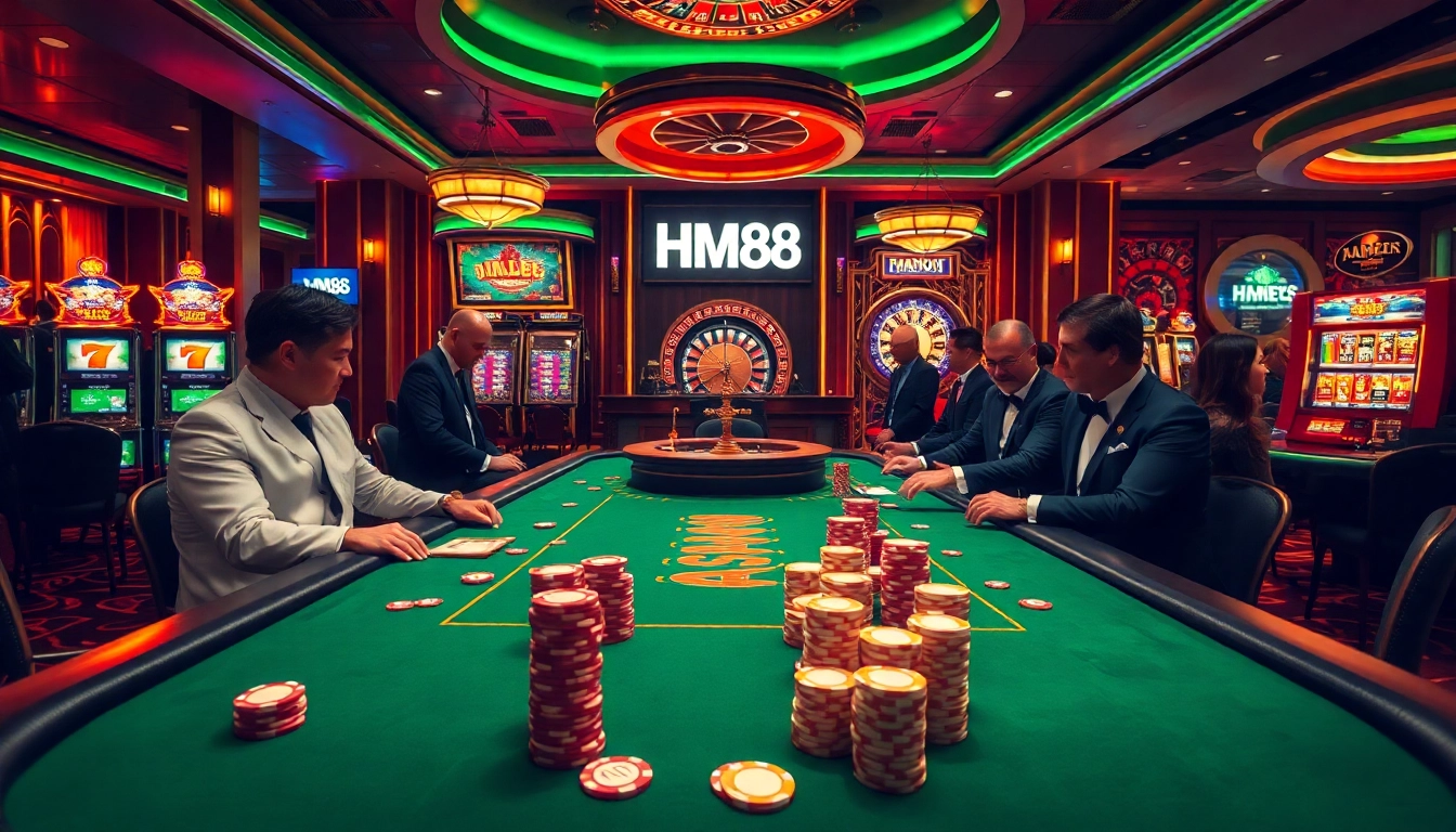 Experience an exciting poker game at HM88's luxurious casino tables, complete with vibrant slot machines.