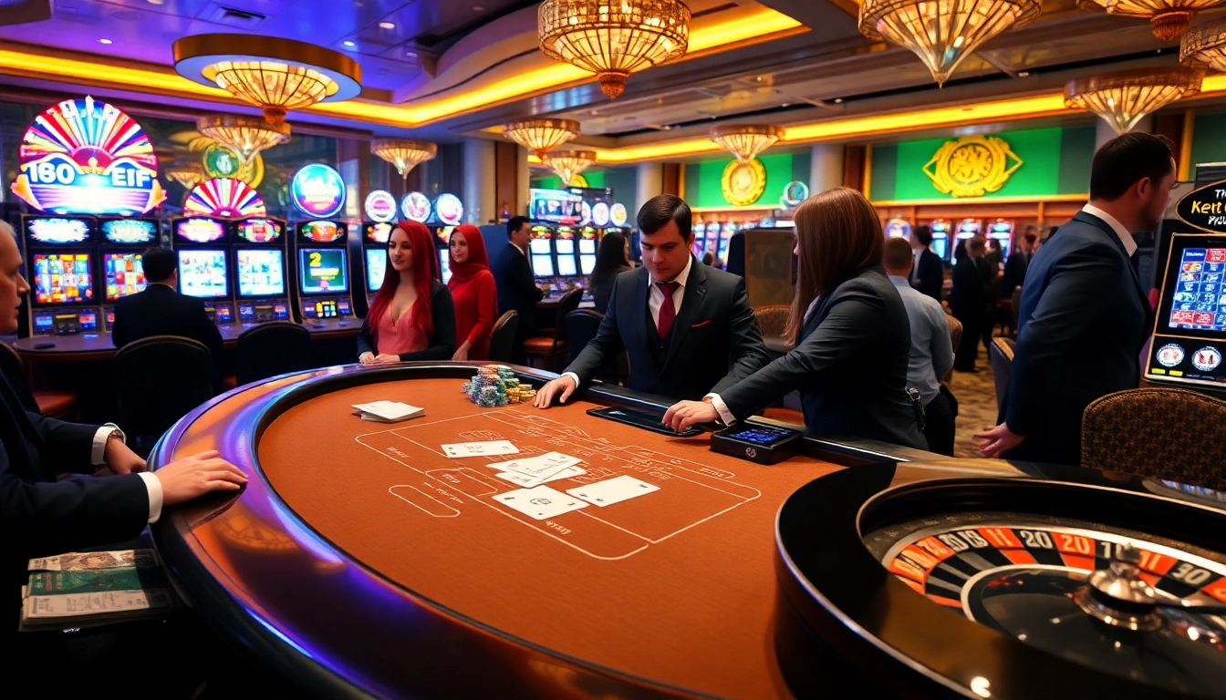 Gamble at bem88's luxurious casino scene featuring exciting games and vibrant slot machines.