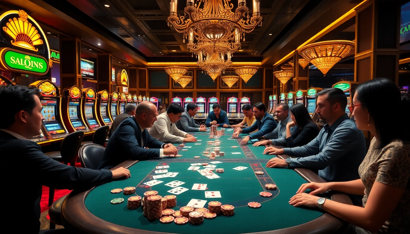 Players experiencing the thrill of high-stakes poker at SC88, featuring colorful chips and illuminated slot machines.