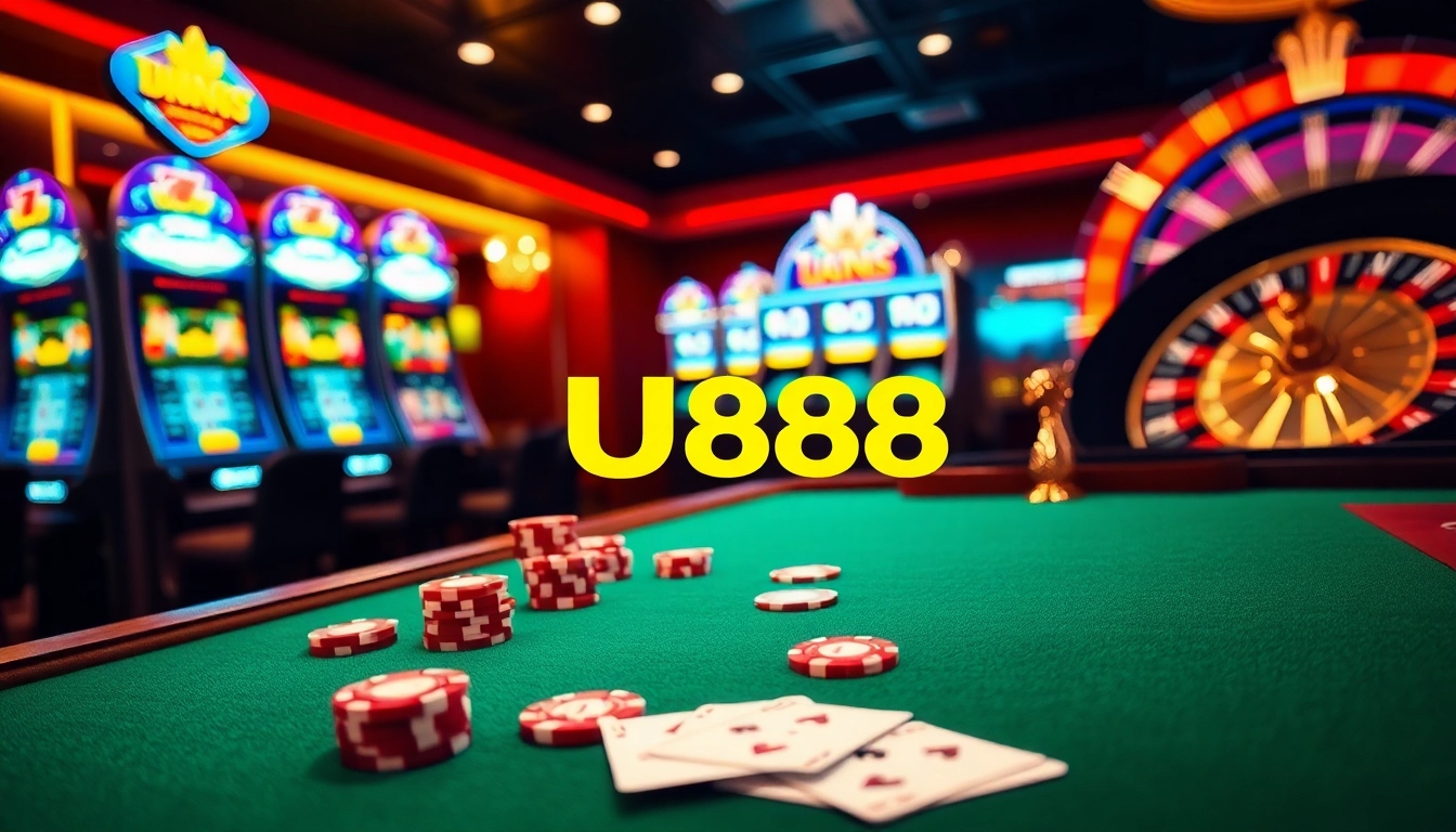 Gambler enjoying a high-stakes game at U888 casino table with vibrant poker chips and cards.