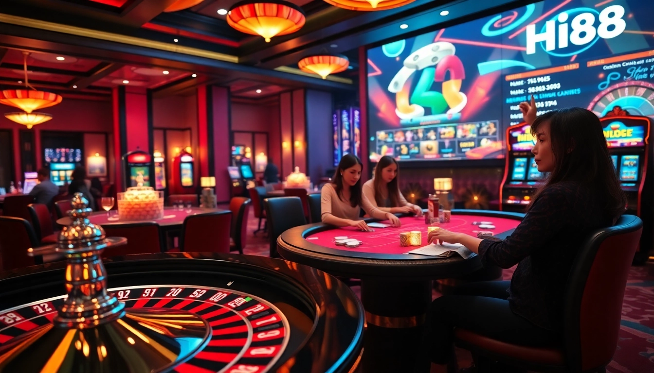 Enjoying the excitement of casino games at Hi88 with vibrant roulette and poker tables.