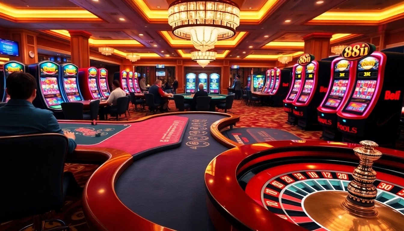 Players enjoying poker and blackjack at the luxurious 88i casino, showcasing excitement and elegance.