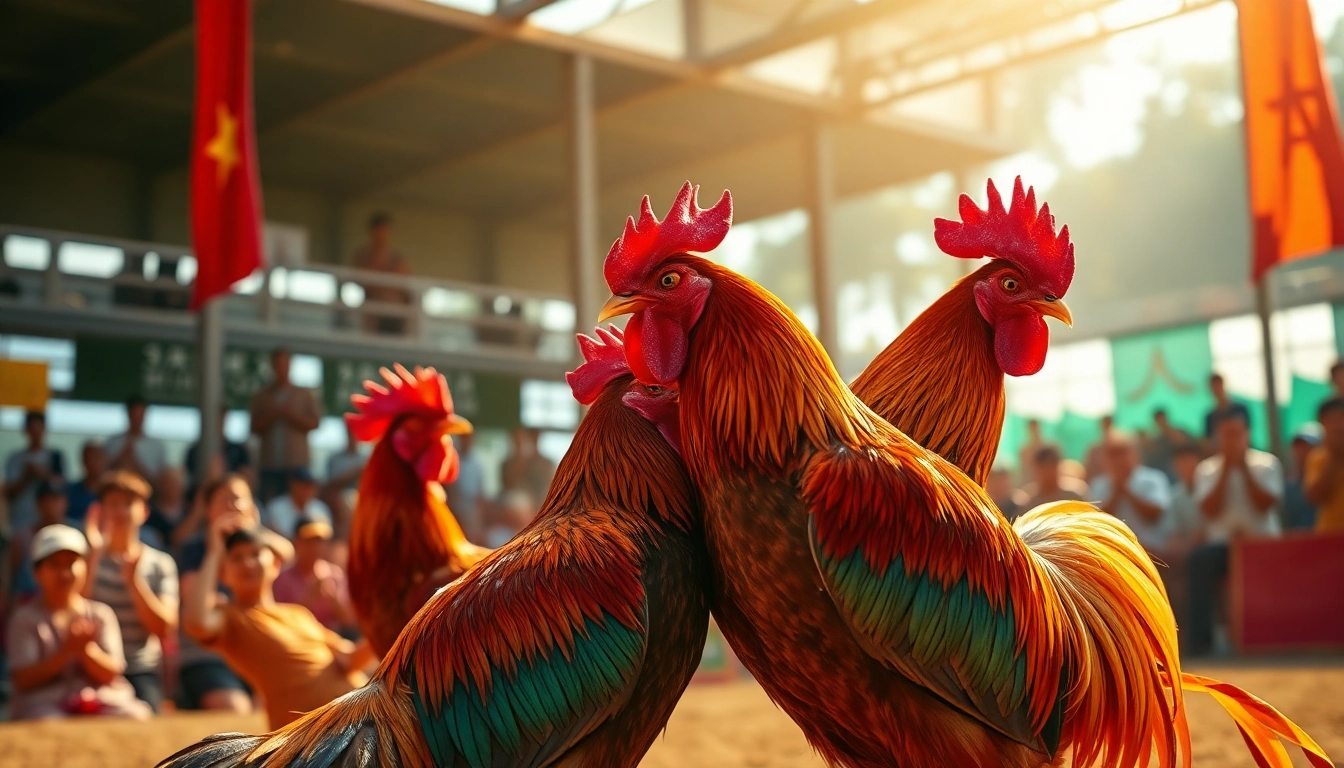 Live cockfighting event with enthusiastic audience and competitive roosters at sv368win.live.
